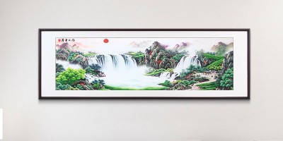 手工刺绣客厅装饰画旭日东升山水画